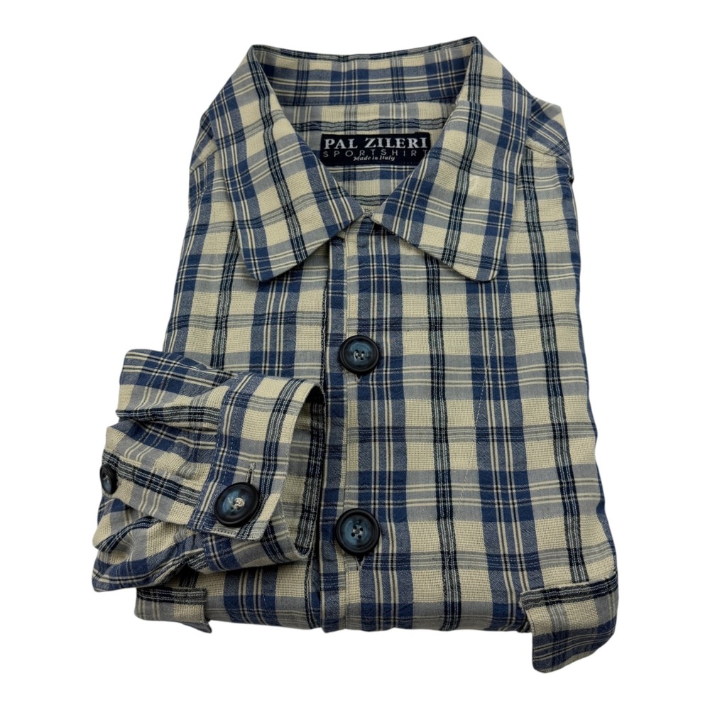 Pal Zileri Sport Shirt Mens XL Blue Beige Plaid Cotton Popover Made in Italy